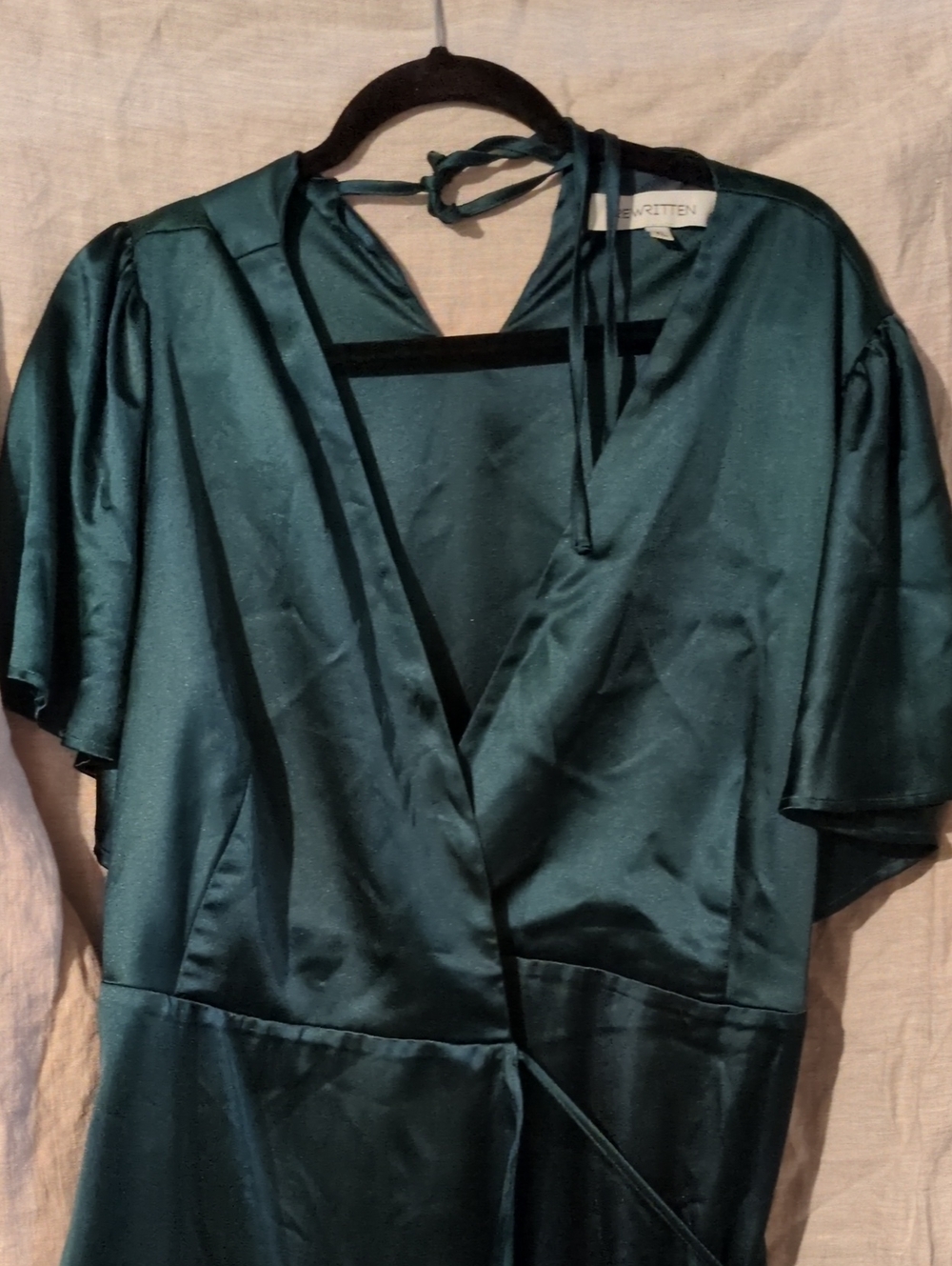 Rewritten Florence Waterfall Dress in Forest Green Satin